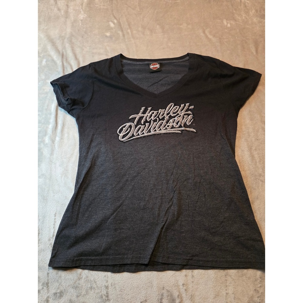 Harley Davidson Graphic T-Shirt Womens XL Black Ombre Rhinestone V-Neck Tee